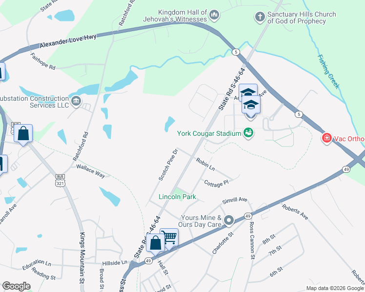 map of restaurants, bars, coffee shops, grocery stores, and more near 163 Scotch Pine Drive in York