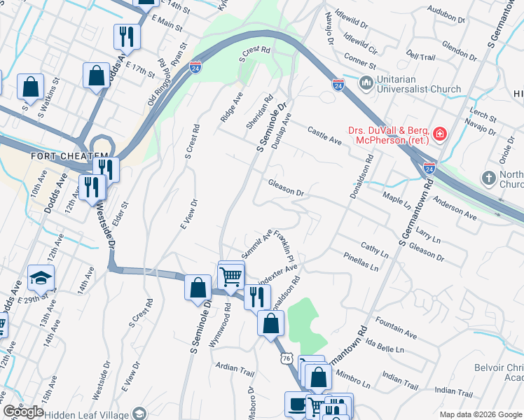 map of restaurants, bars, coffee shops, grocery stores, and more near 715 Dunlap Avenue in Chattanooga