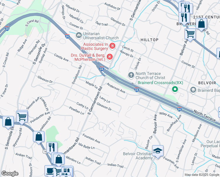 map of restaurants, bars, coffee shops, grocery stores, and more near 3618 Anderson Avenue in Chattanooga