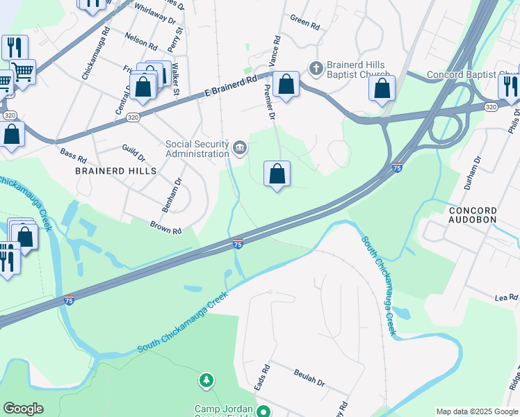 map of restaurants, bars, coffee shops, grocery stores, and more near 1232 Premier Drive in Chattanooga