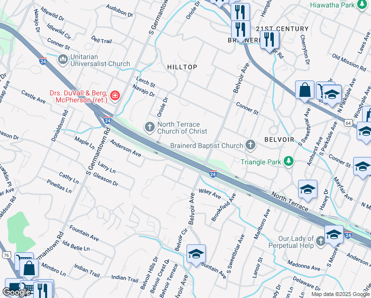 map of restaurants, bars, coffee shops, grocery stores, and more near 3824 Mission View Avenue in Chattanooga
