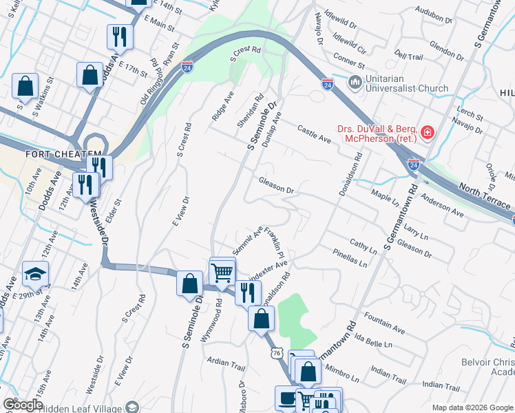 map of restaurants, bars, coffee shops, grocery stores, and more near 712 Summit Avenue in Chattanooga