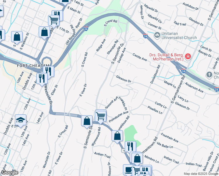 map of restaurants, bars, coffee shops, grocery stores, and more near 715 Dunlap Avenue in Chattanooga