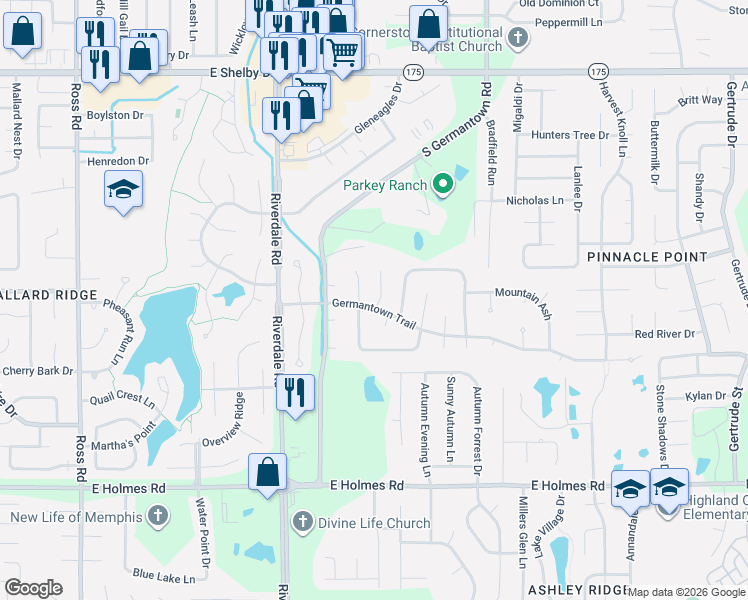 map of restaurants, bars, coffee shops, grocery stores, and more near 4964 Cottage Lane in Memphis