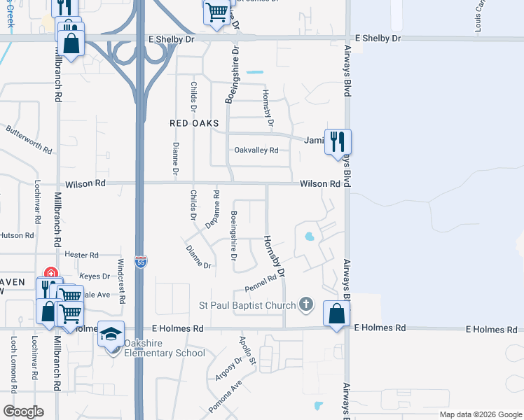 map of restaurants, bars, coffee shops, grocery stores, and more near 4949 Boeingshire Drive in Memphis