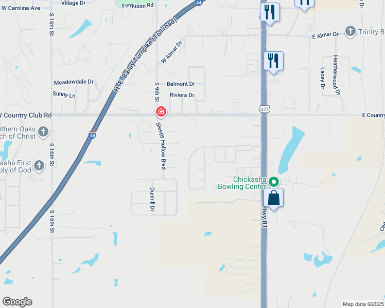 map of restaurants, bars, coffee shops, grocery stores, and more near 18 Dusky Valley Lane in Chickasha