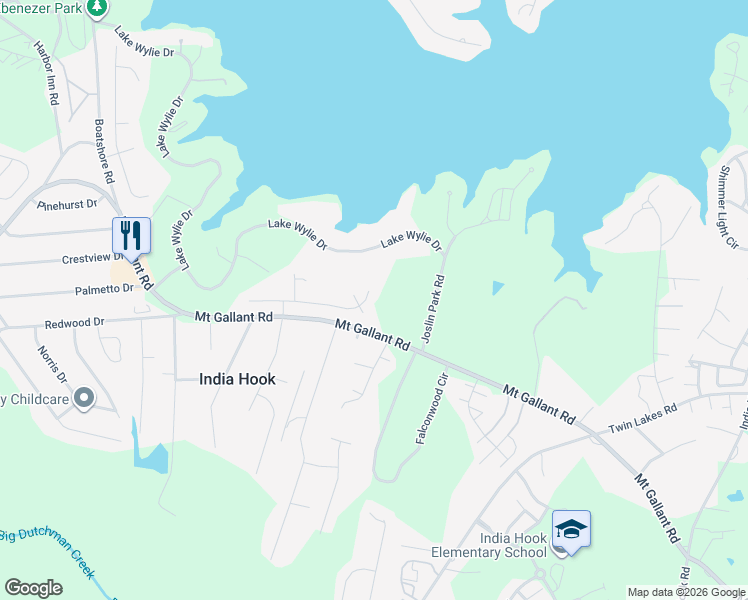 map of restaurants, bars, coffee shops, grocery stores, and more near 708 Pyxie Moss Court in Rock Hill