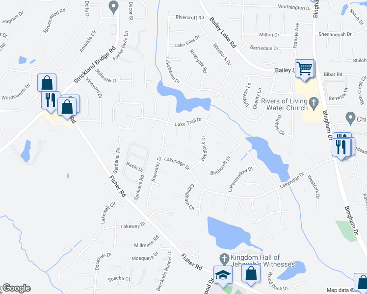 map of restaurants, bars, coffee shops, grocery stores, and more near 2122 Birchcreft Drive in Fayetteville