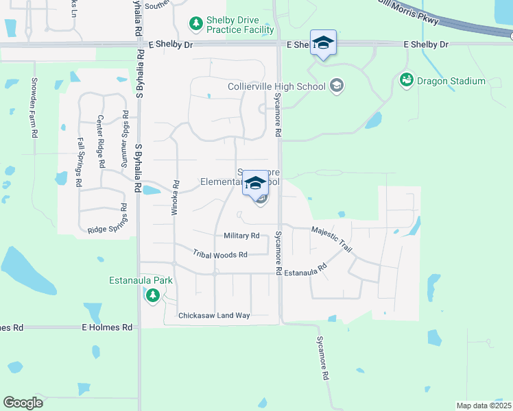 map of restaurants, bars, coffee shops, grocery stores, and more near 1155 Sycamore Road in Collierville