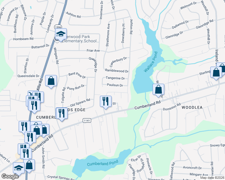 map of restaurants, bars, coffee shops, grocery stores, and more near 5009 Paulsun Drive in Fayetteville