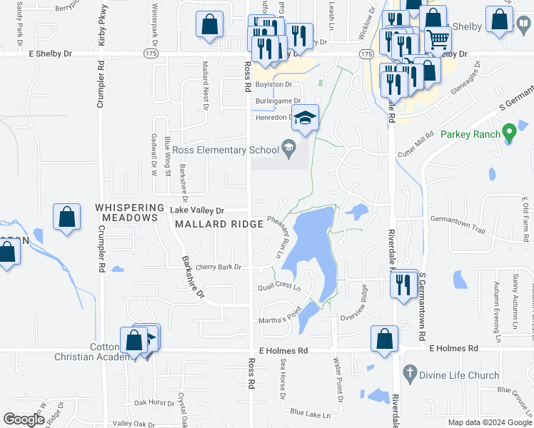 map of restaurants, bars, coffee shops, grocery stores, and more near 5000 Pheasant Run Lane in Memphis
