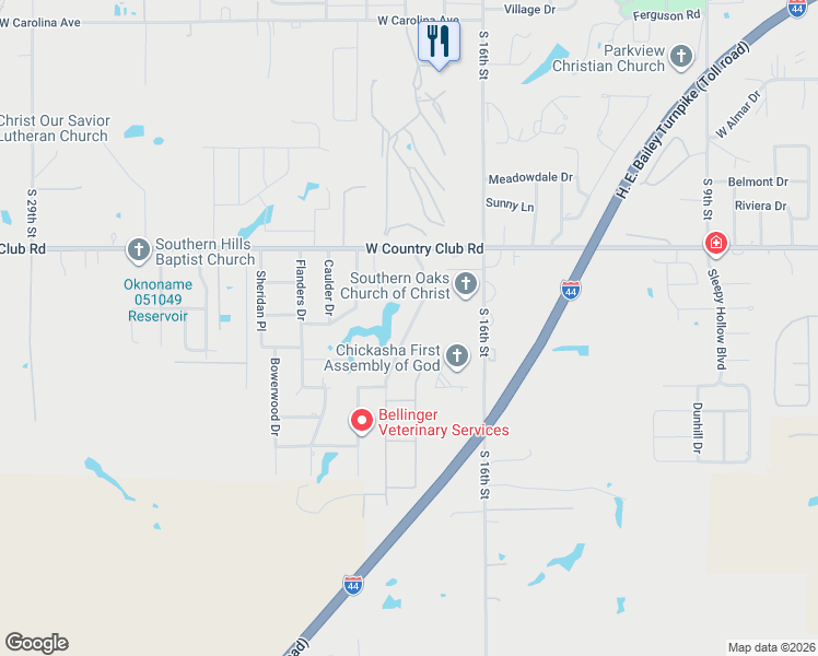 map of restaurants, bars, coffee shops, grocery stores, and more near 3304 Pondridge Road in Chickasha
