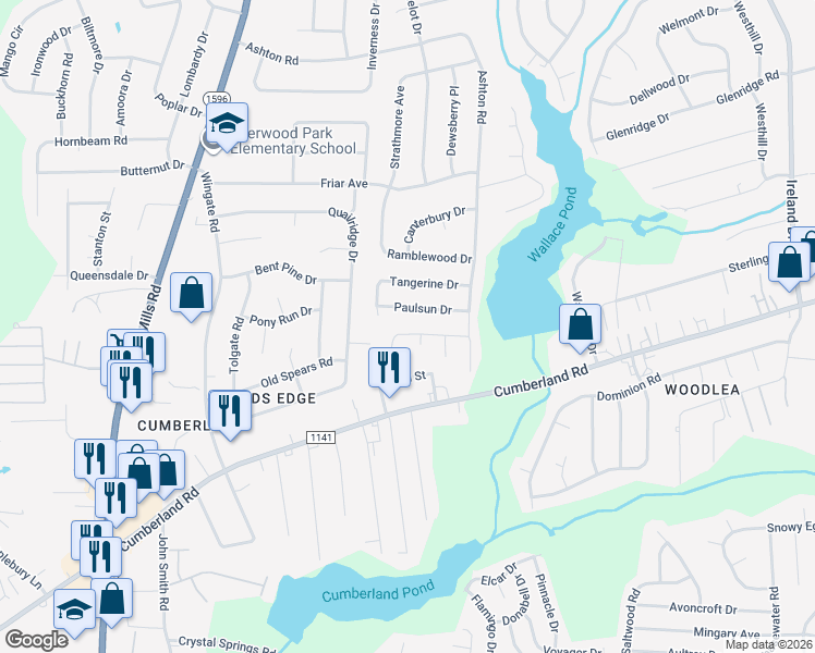 map of restaurants, bars, coffee shops, grocery stores, and more near 5012 Shimmer Drive in Fayetteville