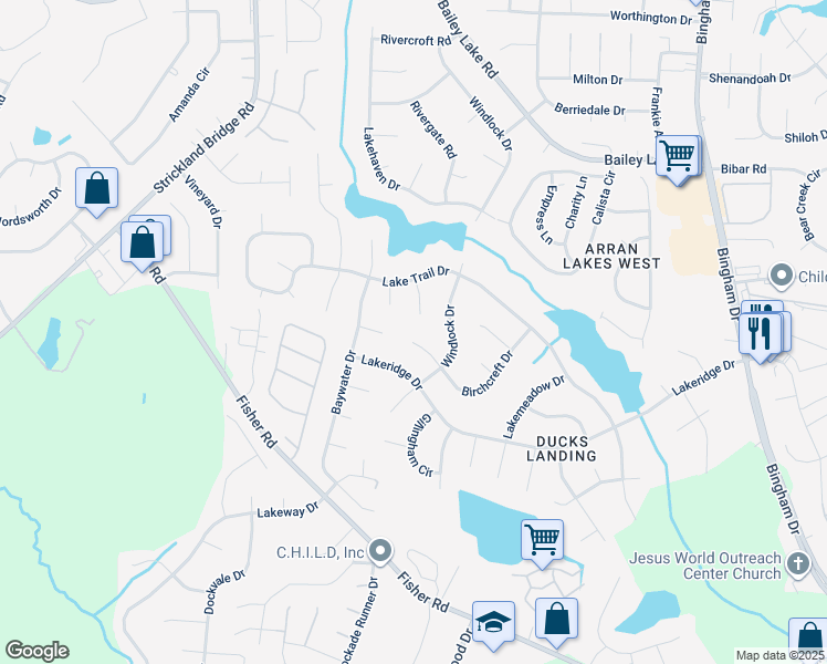 map of restaurants, bars, coffee shops, grocery stores, and more near 2120 Birchcreft Drive in Fayetteville