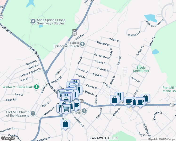 map of restaurants, bars, coffee shops, grocery stores, and more near 516 Springs Street in Fort Mill