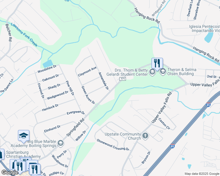 map of restaurants, bars, coffee shops, grocery stores, and more near 4 Annandale Drive in Boiling Springs