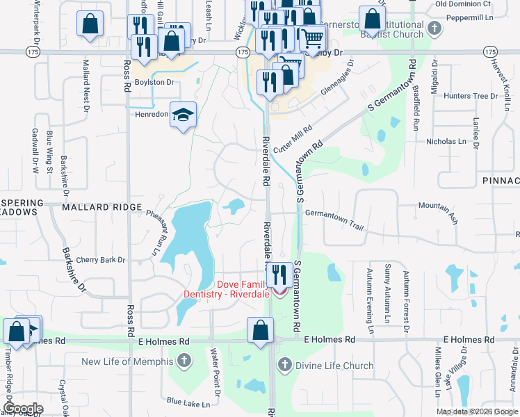 map of restaurants, bars, coffee shops, grocery stores, and more near 6946 South Hedgewall Circle in Memphis