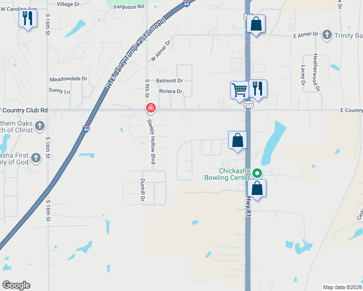 map of restaurants, bars, coffee shops, grocery stores, and more near 18 Dusky Valley Lane in Chickasha