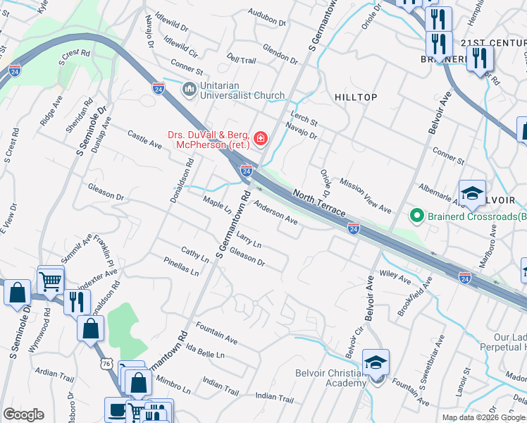 map of restaurants, bars, coffee shops, grocery stores, and more near 3619 Anderson Avenue in Chattanooga