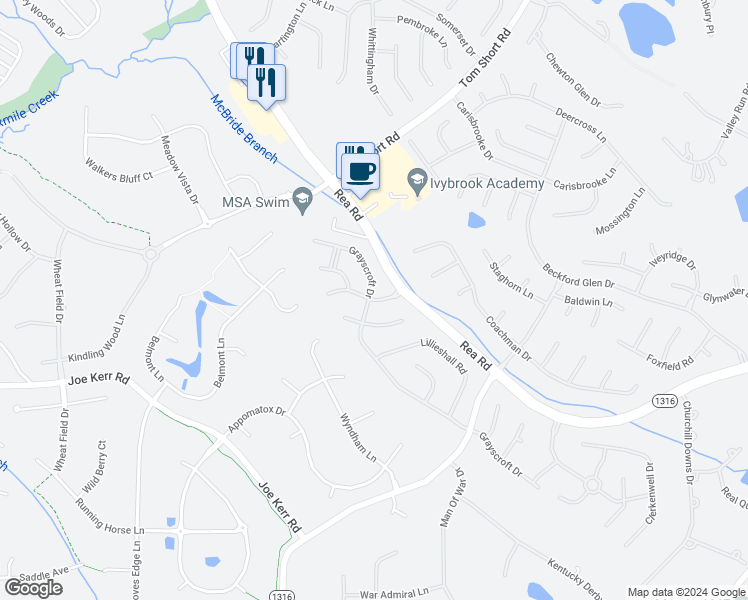 map of restaurants, bars, coffee shops, grocery stores, and more near 9203 Shrewsbury Drive in Waxhaw