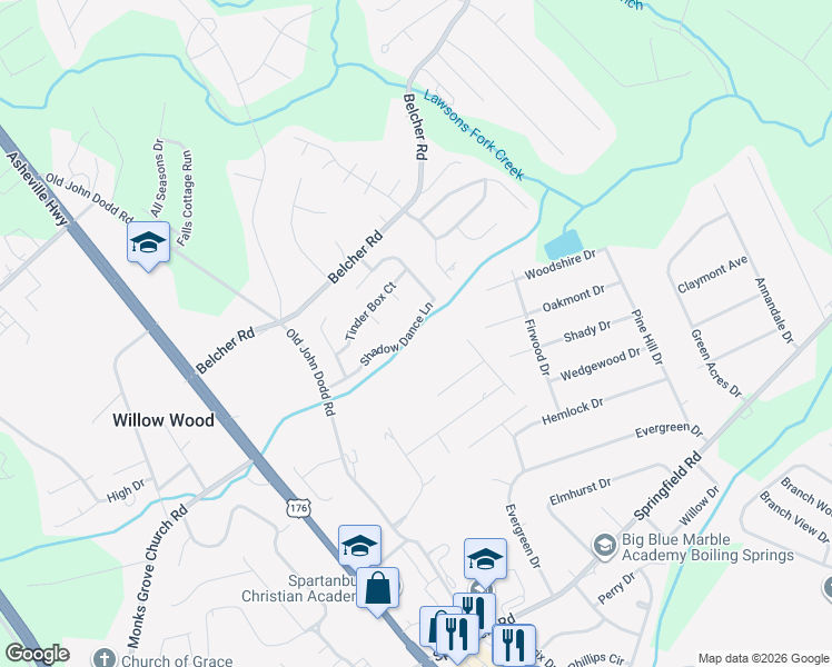 map of restaurants, bars, coffee shops, grocery stores, and more near 704 Shadow Dance Lane in Boiling Springs
