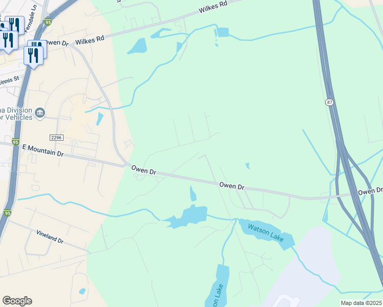 map of restaurants, bars, coffee shops, grocery stores, and more near 2316 Deslan Street in Fayetteville