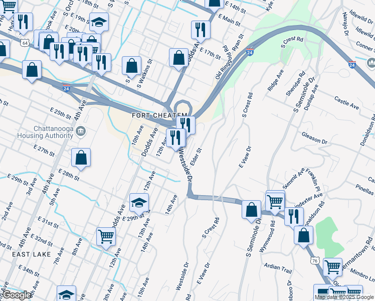 map of restaurants, bars, coffee shops, grocery stores, and more near 2410 Westside Drive in Chattanooga