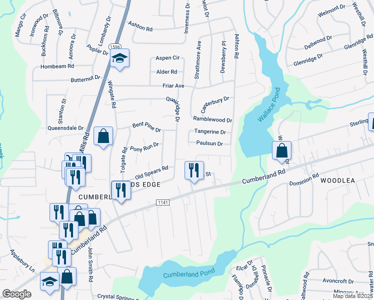 map of restaurants, bars, coffee shops, grocery stores, and more near 2171 Quailridge Drive in Fayetteville