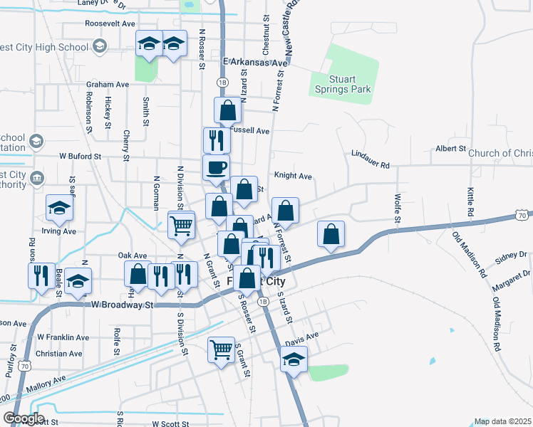 map of restaurants, bars, coffee shops, grocery stores, and more near 439 North Forrest Street in Forrest City