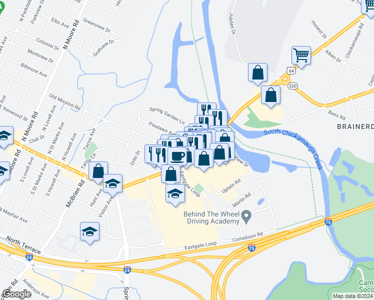 map of restaurants, bars, coffee shops, grocery stores, and more near 202 Maplewood in Chattanooga