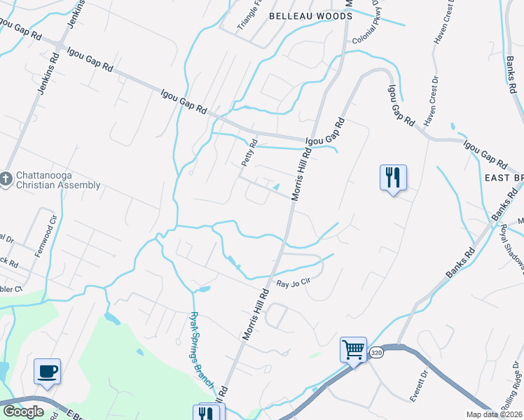 map of restaurants, bars, coffee shops, grocery stores, and more near 1752 Stones Rest Circle in Chattanooga