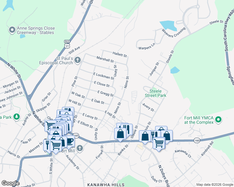 map of restaurants, bars, coffee shops, grocery stores, and more near 130 East Close Street in Fort Mill