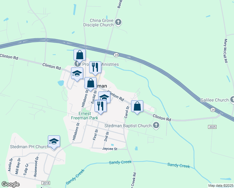 map of restaurants, bars, coffee shops, grocery stores, and more near 7551 Clinton Road in Stedman