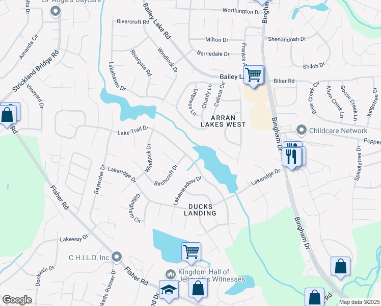 map of restaurants, bars, coffee shops, grocery stores, and more near 6136 Lake Trail Drive in Fayetteville