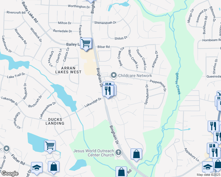 map of restaurants, bars, coffee shops, grocery stores, and more near 5760 Creek Meadows Place in Fayetteville