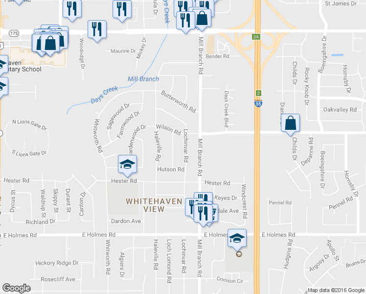map of restaurants, bars, coffee shops, grocery stores, and more near 4977 Lochinvar Road in Memphis