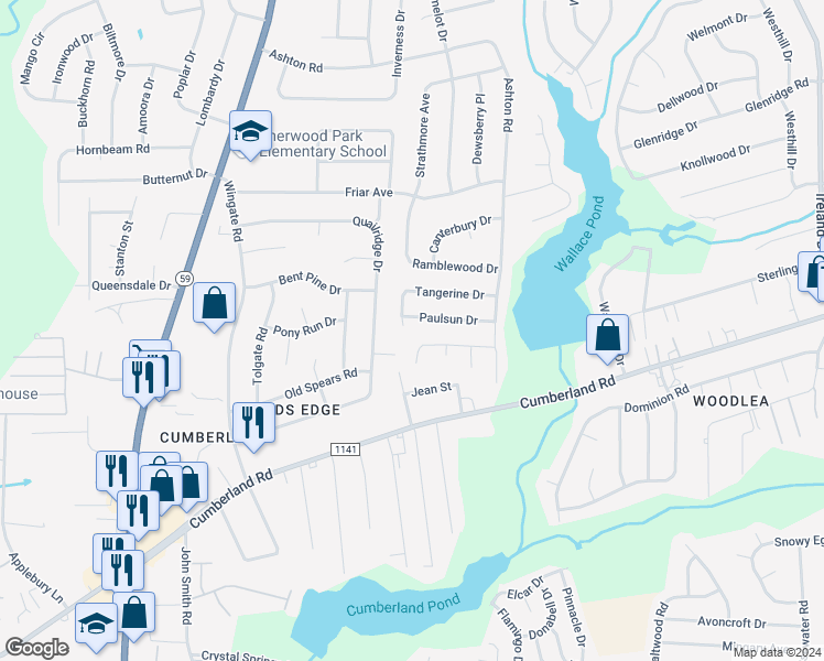 map of restaurants, bars, coffee shops, grocery stores, and more near 5053 Tangerine Drive in Fayetteville