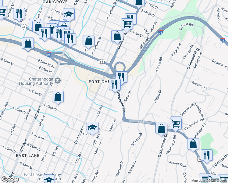 map of restaurants, bars, coffee shops, grocery stores, and more near 2409 13th Avenue in Chattanooga