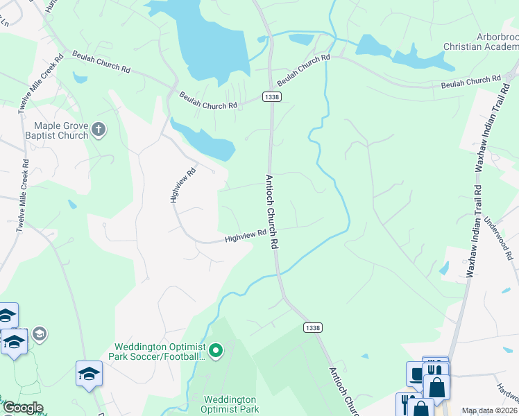 map of restaurants, bars, coffee shops, grocery stores, and more near 126 Valley Ranch Lane in Matthews