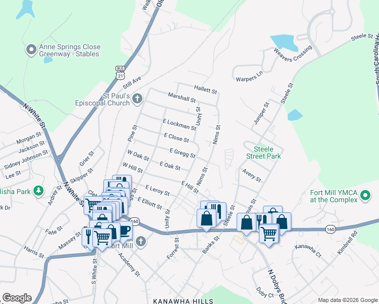 map of restaurants, bars, coffee shops, grocery stores, and more near 127 East Gregg Street in Fort Mill