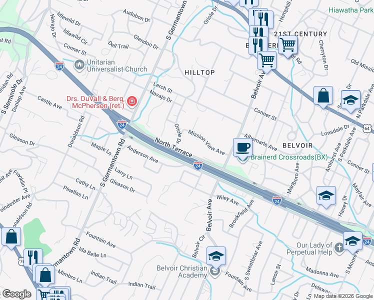 map of restaurants, bars, coffee shops, grocery stores, and more near 3809 North Terrace in Chattanooga