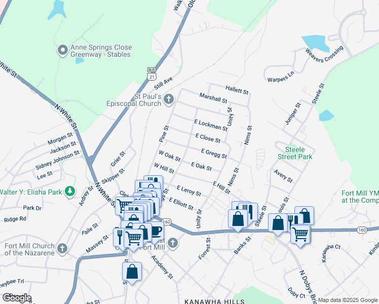map of restaurants, bars, coffee shops, grocery stores, and more near 516 Springs Street in Fort Mill