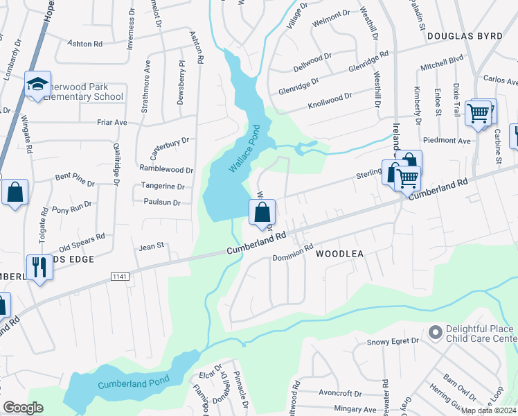 map of restaurants, bars, coffee shops, grocery stores, and more near 4404 Wavetree Drive in Fayetteville
