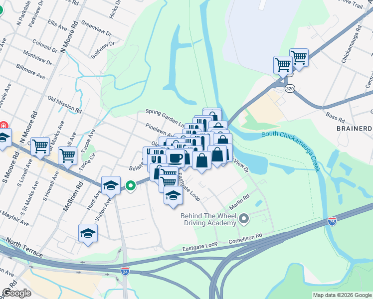 map of restaurants, bars, coffee shops, grocery stores, and more near 206 Maplewood in Chattanooga