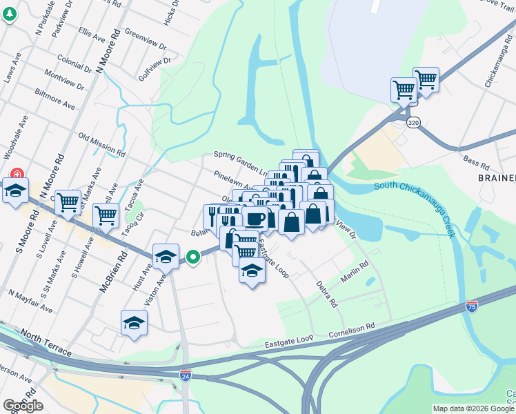 map of restaurants, bars, coffee shops, grocery stores, and more near 5613 Old Mission Road in Chattanooga