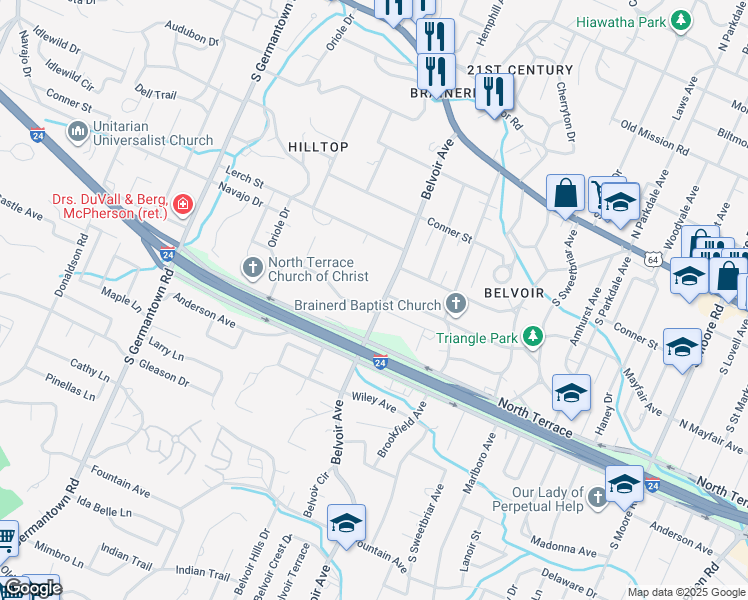 map of restaurants, bars, coffee shops, grocery stores, and more near 317 Belvoir Avenue in Chattanooga