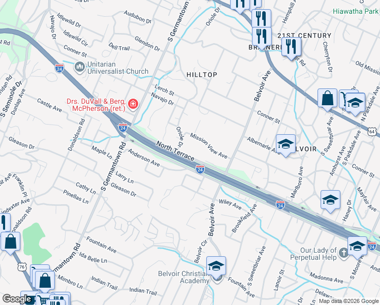 map of restaurants, bars, coffee shops, grocery stores, and more near 3809 North Terrace in Chattanooga