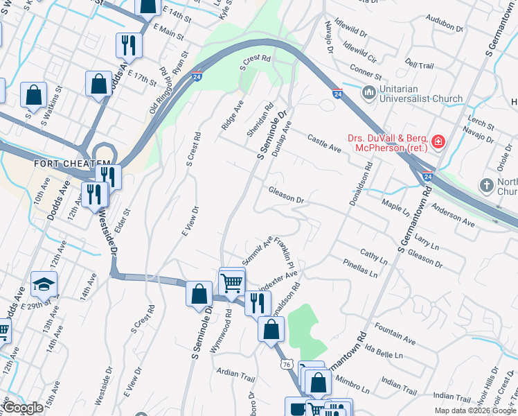 map of restaurants, bars, coffee shops, grocery stores, and more near 715 Dunlap Avenue in Chattanooga