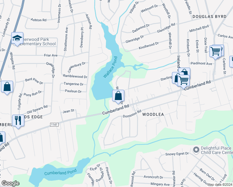 map of restaurants, bars, coffee shops, grocery stores, and more near 4404 Wavetree Drive in Fayetteville
