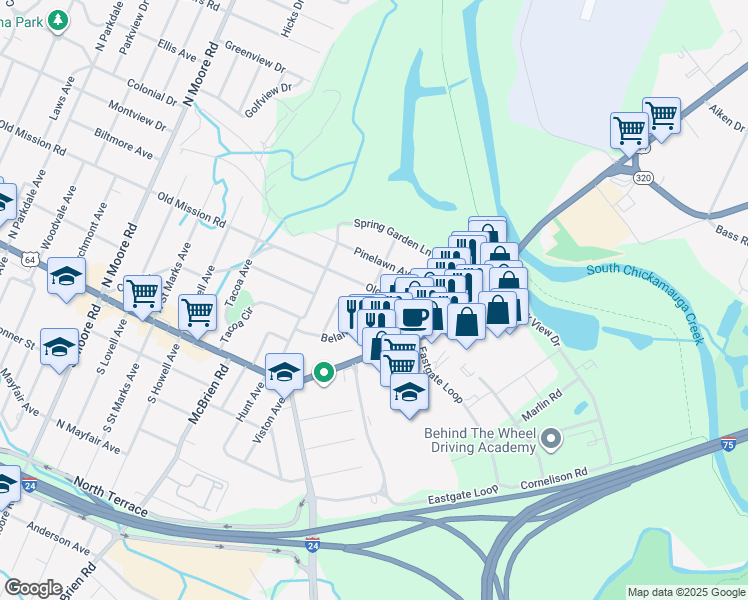 map of restaurants, bars, coffee shops, grocery stores, and more near 5600 Old Mission Road in Chattanooga